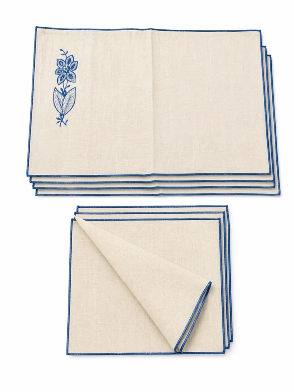 Handmade Linen – 4 Napkins + 4 Placemats, Blue Trim & Embroidery